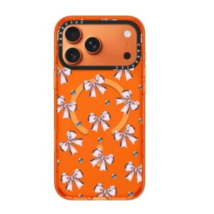 Coque iPhone Orange Vif à Nœuds et Cristaux