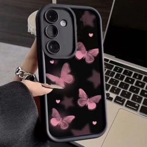 Coque Samsung Galaxy S23 - Papillons Roses & Cœurs sur Fond Noir