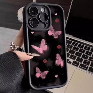Coque Téléphone "You Are Beautiful" - Papillons Roses & Cœurs sur Fond Noir