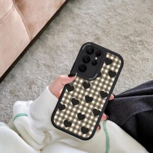 Coque Samsung au Motif Tissu Écossais - Carreaux Marron et Cœurs Noirs