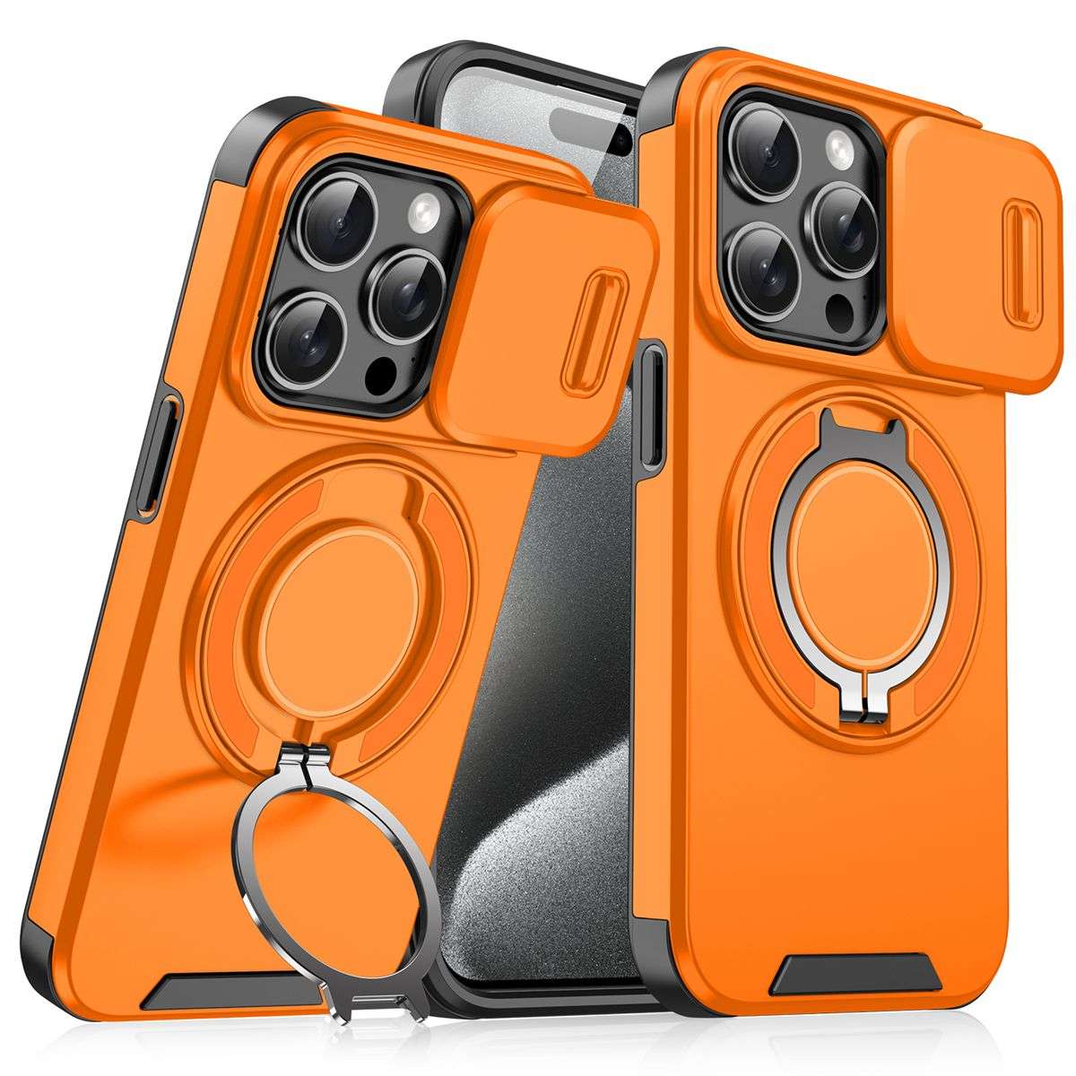 Coque iPhone magnétique avec cache caméra et anneau support | Étui antichoc pour iPhone 15/15 Pro/15 Pro Max