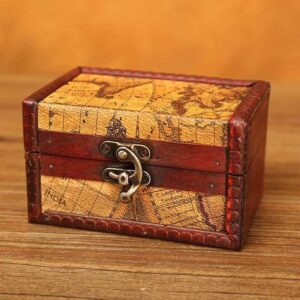 Boîte de Rangement en Bois Vintage Carte Jaune - Boîte à Bijoux Rectangulaire avec Fermoir Antidérapant pour Objets Personnels